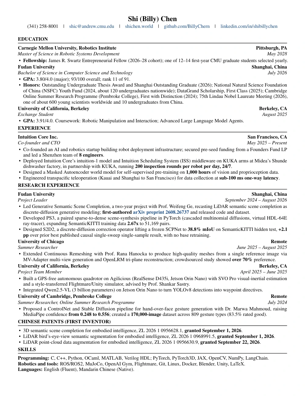 One-page resume of Shi (Billy) Chen, page 1 of 1