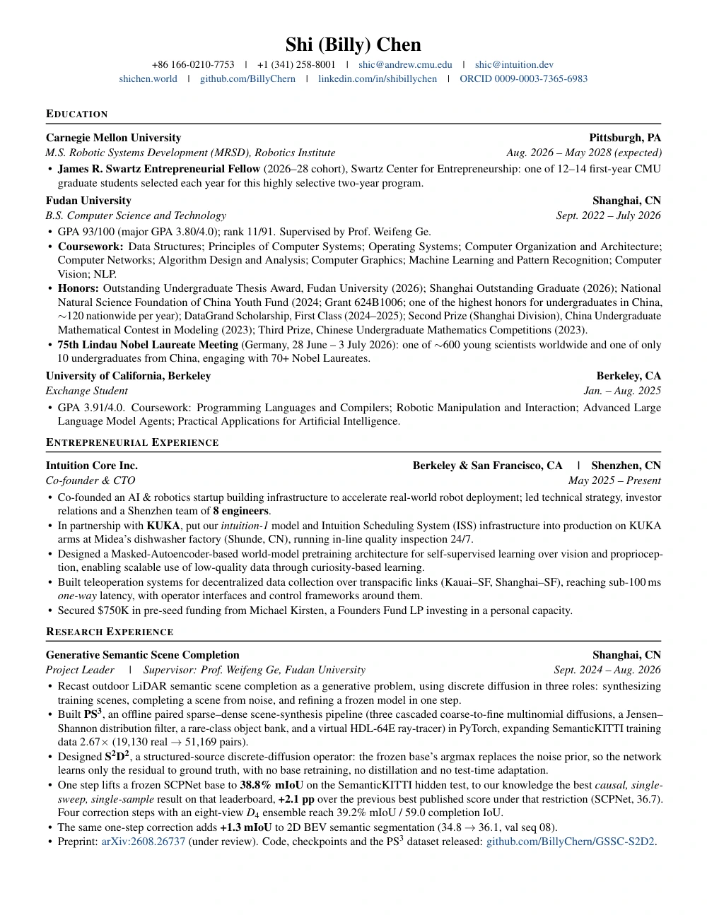 Two-page resume of Shi (Billy) Chen, page 1 of 2