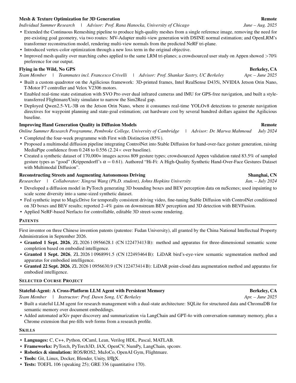 Two-page resume of Shi (Billy) Chen, page 2 of 2